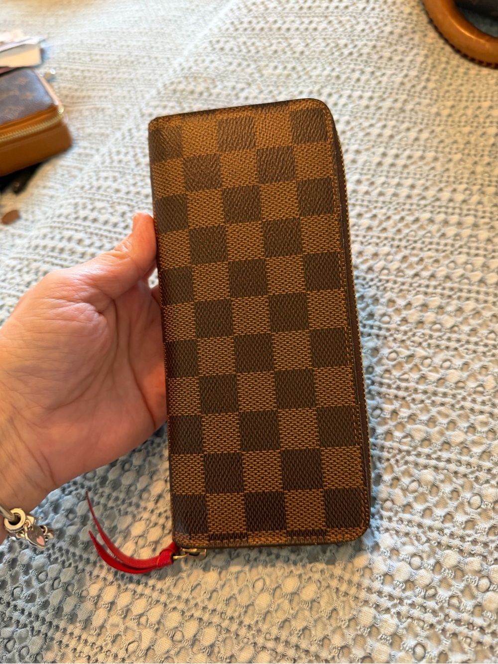 Louis Vuitton Brown Damier Zip Around Wallet with Red Pull - Picture 3 of 10
